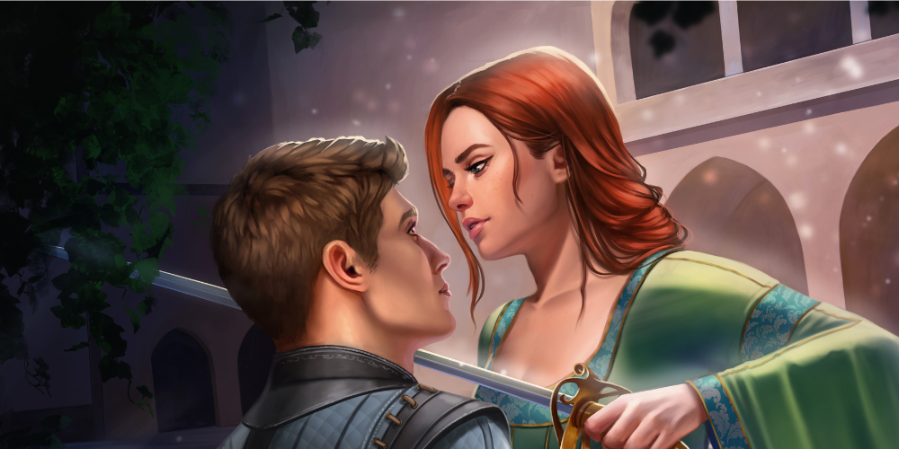 Artwork of redheaded woman in medieval dress holding a sword to a blond man's throat. Art by Diana Dworak.