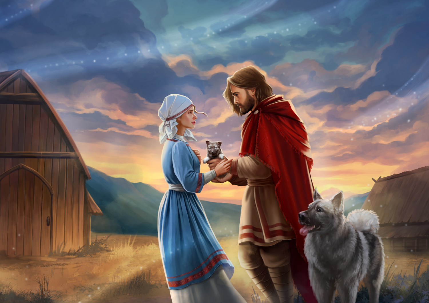 Man and woman in Anglo-Saxon garb on a hillside. He extends a small grey puppy to her while a larger grey dog looks on happily from the ground. Brynn and Cenric by Diana Dworak.